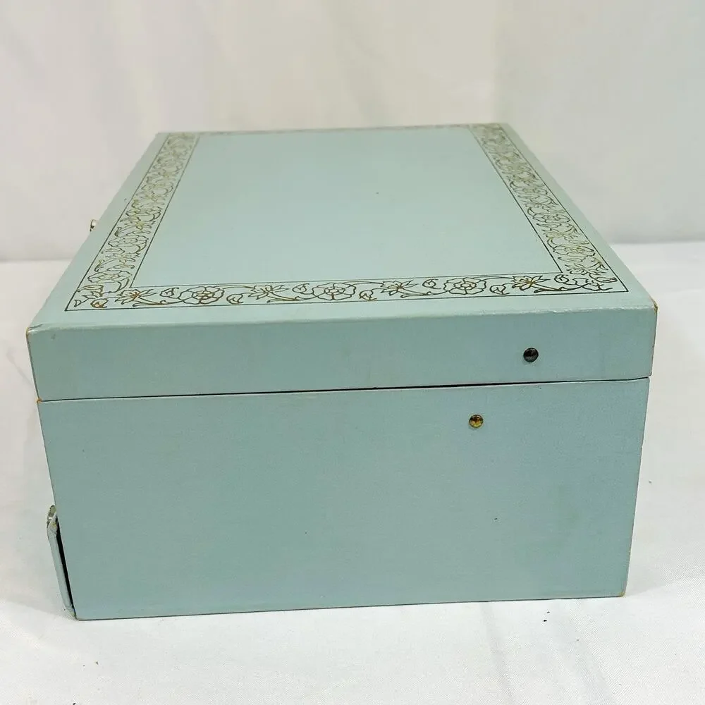 Vintage Lady Buxton Style Jewelry Box Chest MCM Blue Faux Leather Velvet Lined